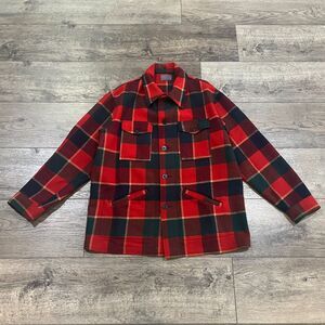 Vintage 60s Pendleton Mackinaw Cruiser Wool Jacket Red Black Plaid USA Made - XL